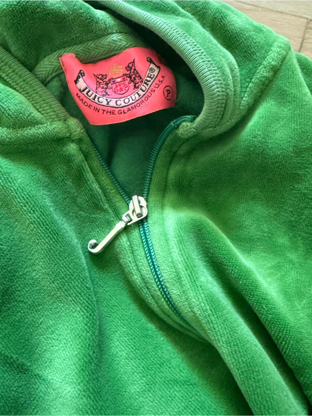 Juicy Couture Green Velour Zip Hoodie with Silver Charm Pull